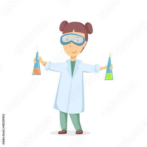 Happy girl is doing a chemical experiment. Vector cartoon illustration