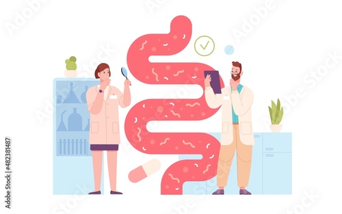 Healthy gut flora. Medical examination digestive intestine gastrointestinal tract, leaky bacteria microbe through bowel and stomach, health lnutrition, splendid vector illustration