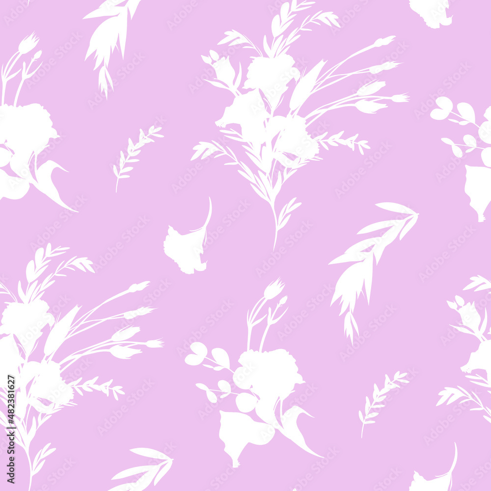 Botanical summer pattern with white silhouettes of eustoma flowers on a pink background. Seamless pattern for girls and women summer dresses textile and surface design