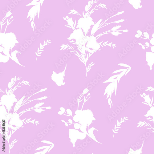 Botanical summer pattern with white silhouettes of eustoma flowers on a pink background. Seamless pattern for girls and women summer dresses textile and surface design