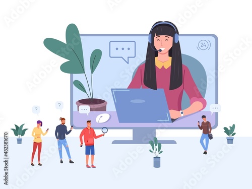 Client phone agent. Professional global online support, help consultant with microphone and laptop in display, vector illustration