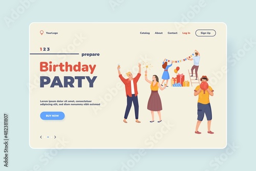 Prepare birthday party. Lending for website, plan joy celebrate with gift surprise box, greetings celebrator, landing page flat vector illustration