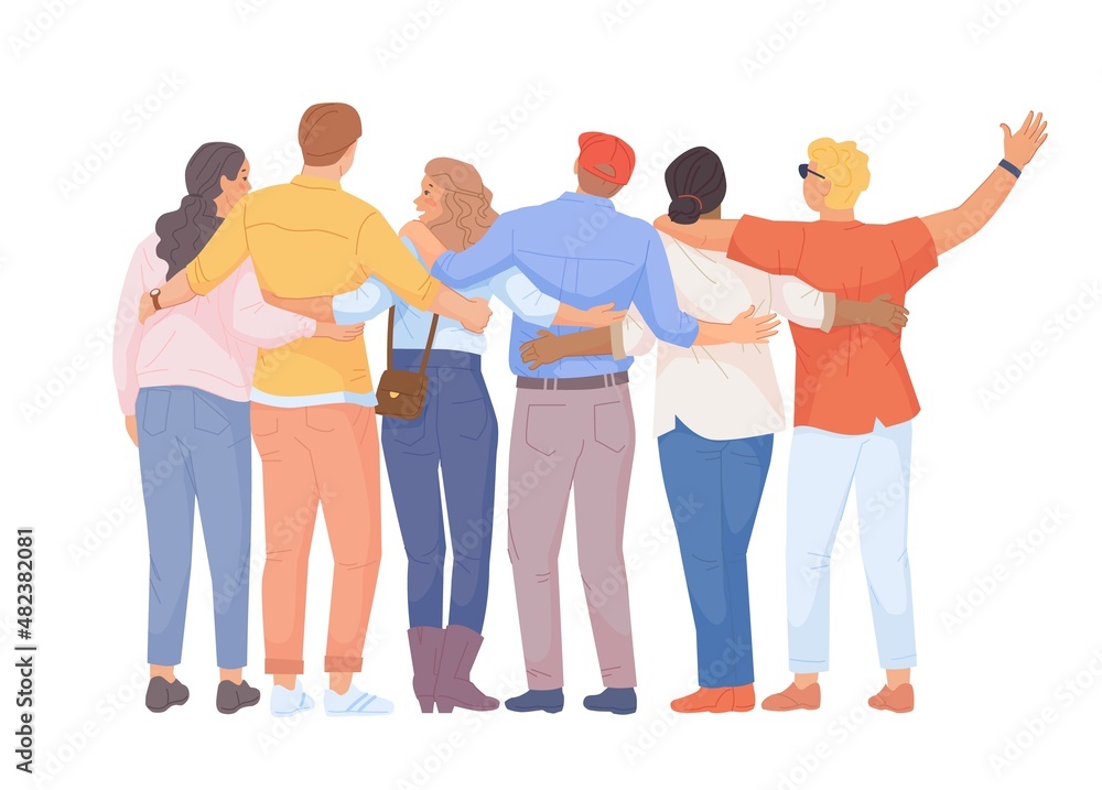 Hugging backs. Group people hugs friends back view, embrace diverse students team, friendship unity teen school together, family relationship teamwork flat swanky vector Hugging backs. Group people hugs friends back view, embrace diverse students team, friendship unity teen school together, family relationship teamwork flat swanky vector