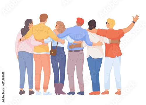 Hugging backs. Group people hugs friends back view, embrace diverse students team, friendship unity teen school together, family relationship teamwork flat swanky vector