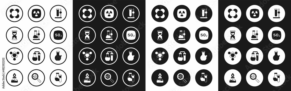 Set Test tube flask on stand, Old hourglass, Molecule, Sulfur dioxide SO2, Radioactive, and icon. Vector Set Test tube flask on stand, Old hourglass, Molecule, Sulfur dioxide SO2, Radioactive, and icon. Vector