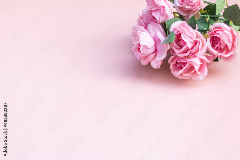 Pink rose bouquet on a light pink background.