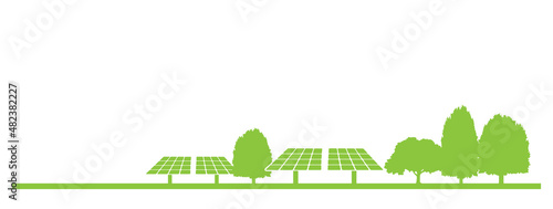 sustainable green energy concept banner, solar farm on green ground with trees, vector illustration