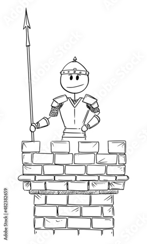 Soldier Guard Guarding on Castle Tower, Vector Cartoon Stick Figure Illustration