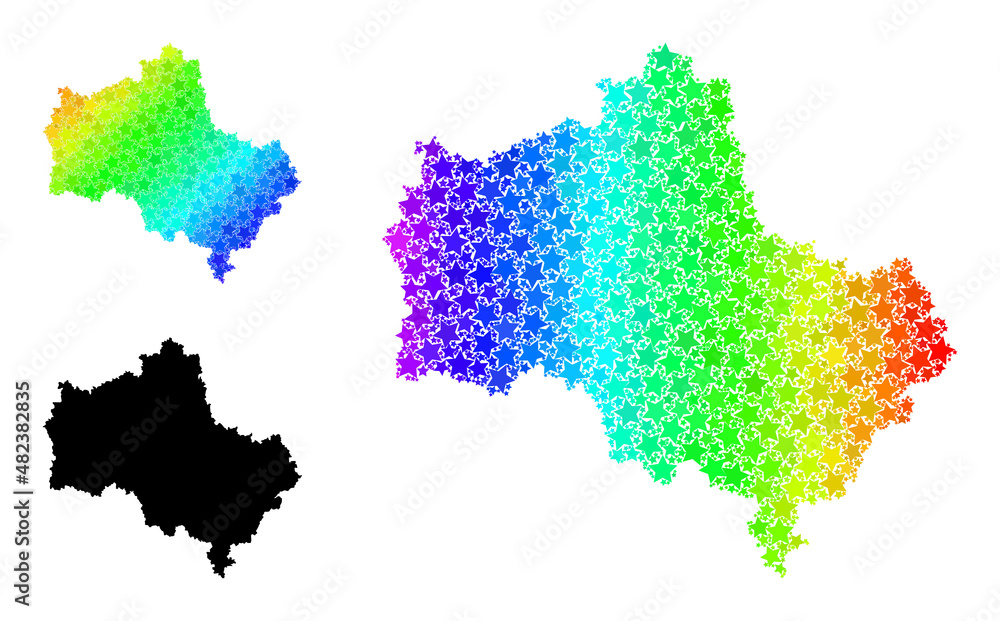 Spectrum gradient star collage map of Moscow Region. Vector colorful map of Moscow Region with spectrum gradients. Mosaic map of Moscow Region collage is formed with random color star elements.