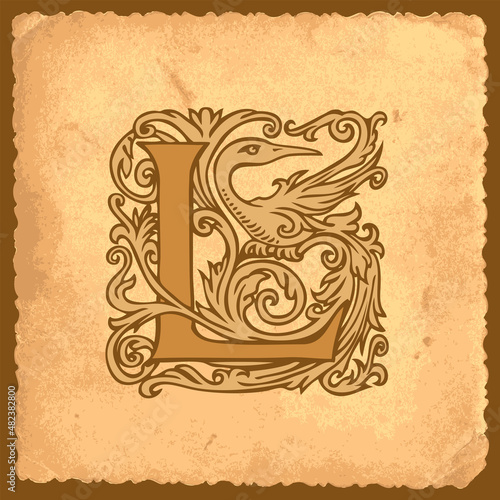 Beautiful initial letter L with fairy tale decorating on an old paper background in vintage style. Filigree capital letter L suitable for monogram, logo, emblem, greeting card, invitation or label