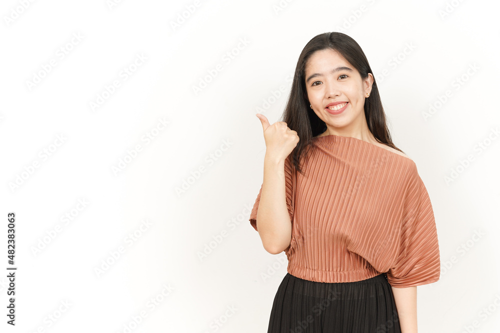 Pointing Product on the Side Of Beautiful Asian Woman Isolated On White Background Pointing Product on the Side Of Beautiful Asian Woman Isolated On White Background
