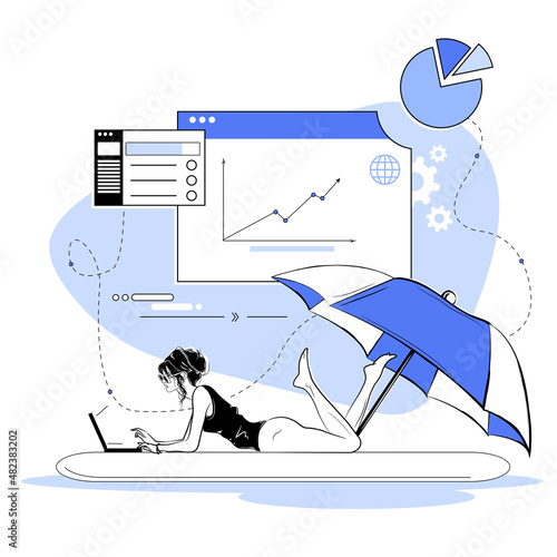 Hybrid work after covid-19 crisis, employee choice to work remotely from home or on site office for best productivity and result concept. Business woman working on laptop lying on beach under umbrella