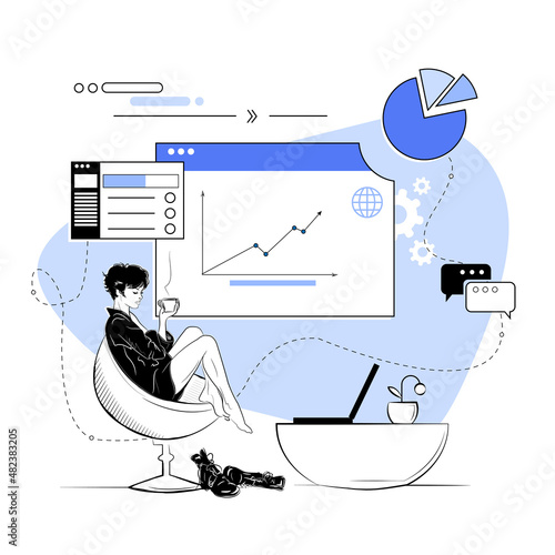 Hybrid work after covid-19 crisis, employee choice to work remotely from home or on site office for best productivity and result concept. Business woman relaxed drinking tea while working at home or o