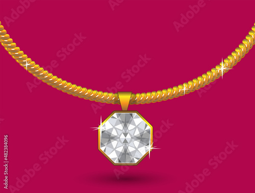 Large diamond in a gold octagonal frame on a gold twisted chain. Decoration, pendant, necklace, jewel. Vector illustration