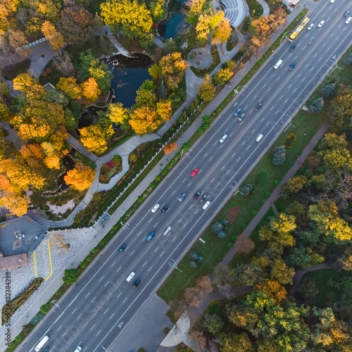 Aerial View of the Peremogy Avenue near KPI ukivercity, Kyiv, taken with drone photo