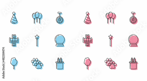 Set line Cotton candy, Paw print, Party hat, Magician rabbit ears, wand, ball, Attraction carousel and Balloons with ribbon icon. Vector