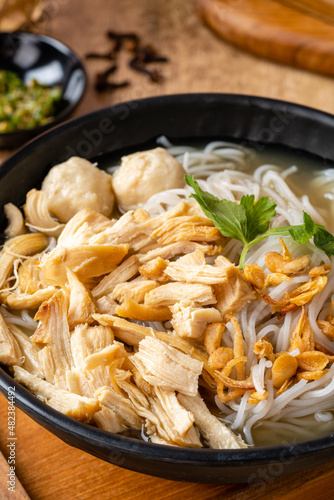 Mie Soup with Bakso or baso is an Indonesian meatball, Its texture is similar to the Chinese beef ball, fish ball. The word bakso refer the complete dish of beef broth soup, noodle, tofu and bok choy.