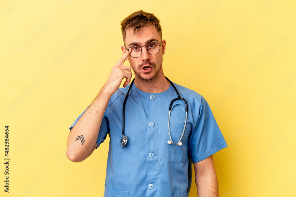 Young nurse caucasian man isolated on yellow background showing a disappointment gesture with forefinger. Young nurse caucasian man isolated on yellow background showing a disappointment gesture with forefinger.
