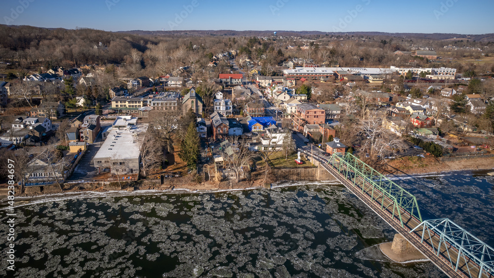 Aerial Drone of Lambertville New Hope in the Winter
