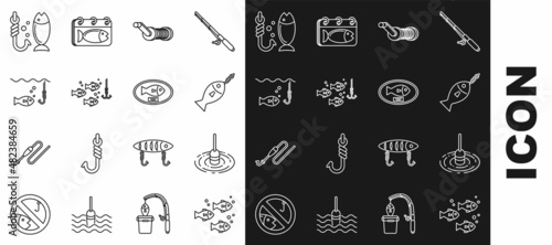 Set line Fish, Fishing float in water, on hook, Spinning reel for fishing, under with, and trophy hanging the board icon. Vector
