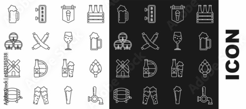 Set line Beer tap, Hop, Glass of beer, Street signboard with glass, Crossed sausage, Wooden barrel on rack stopcock, and icon. Vector