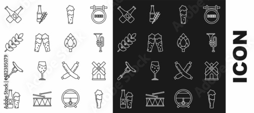 Set line Glass of beer, Windmill, Musical instrument trumpet, Cereals set with rice, wheat, corn, oats, rye, barley, Crossed bottle and Hop icon. Vector