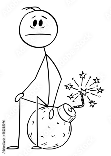 Resigned Person Sitting on Bomb Waiting for Explosion, Vector Cartoon Stick Figure Illustration