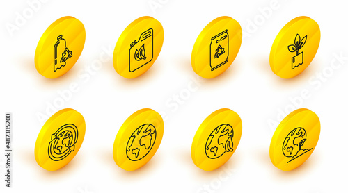 Set line Earth globe and plant, leaf, Planet earth recycling, Plant bottle, Can with recycle symbol can, Bio fuel canister and Recycling plastic icon. Vector