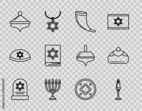 Set line Tombstone with star of david, Burning candle in candlestick, Traditional ram horn, shofar, Hanukkah menorah, dreidel, Jewish torah book, coin and sweet bakery icon. Vector