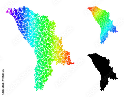 Spectral gradiented star mosaic map of Moldova. Vector colored map of Moldova with spectral gradients. Mosaic map of Moldova collage is formed with random colorful star elements.