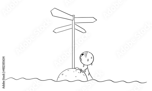 Lost Person Looking for Guide, Vector Cartoon Stick Figure Illustration