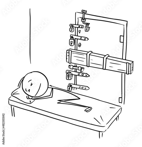 Person Sleeping Safe With Locks on Door, Vector Cartoon Stick Figure Illustration