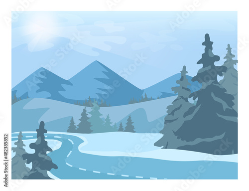 Winter landscape. Empty road with snowy hills and forest scenery.