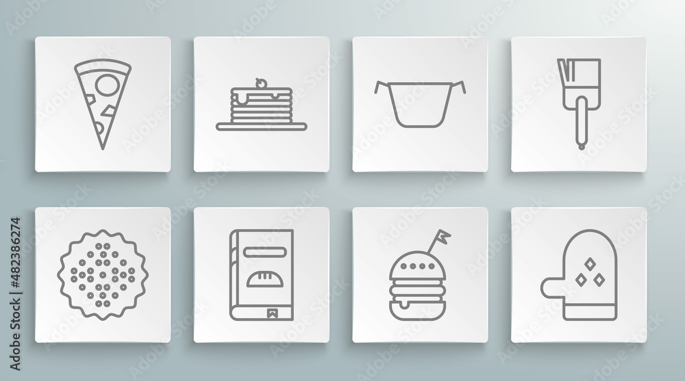 Set line Cracker biscuit, Stack of pancakes, Cookbook, Burger, Oven glove, Cooking pot, Kitchen brush and Slice pizza icon. Vector Set line Cracker biscuit, Stack of pancakes, Cookbook, Burger, Oven glove, Cooking pot, Kitchen brush and Slice pizza icon. Vector
