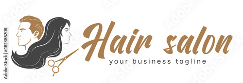 Silhouette of a man, woman, and scissors. Female and male hair salon logo.
