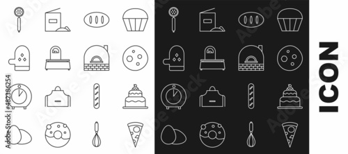 Set line Slice of pizza, Cake, Cookie or biscuit with chocolate, Bread loaf, Scales, Oven glove, Strainer spoon and Brick stove icon. Vector