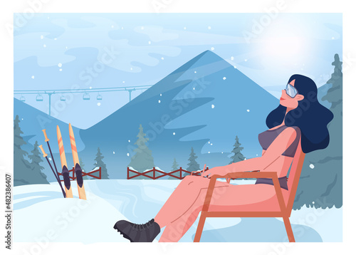 Young woman in a bikini in winter relaxing in chaise longue. Girl sunbathing