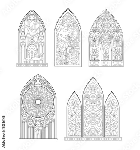 Set of beautiful medieval stained glass windows from French churches. Black and white drawing for coloring book. Gothic architectural style in western Europe. Educational page. Vector image.