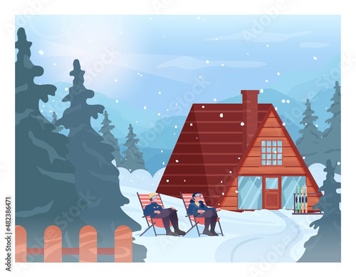 Couple relaxing in chaise longue in front of skiing resort house. Wooden cottage