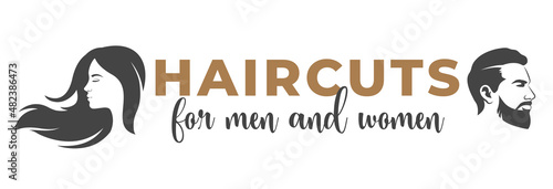 Silhouette of a man and a woman with text between them. Unisex hair salon logo or banner template.