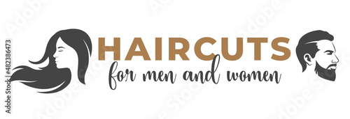Silhouette of a man and a woman with text between them. Unisex hair salon logo or banner template.