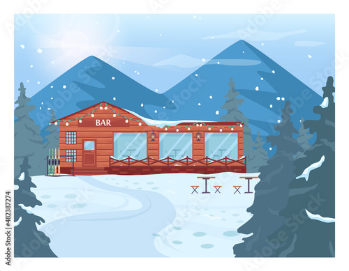 Skiing resort landscape. Winter vilage with a resort bar. Snowy hills