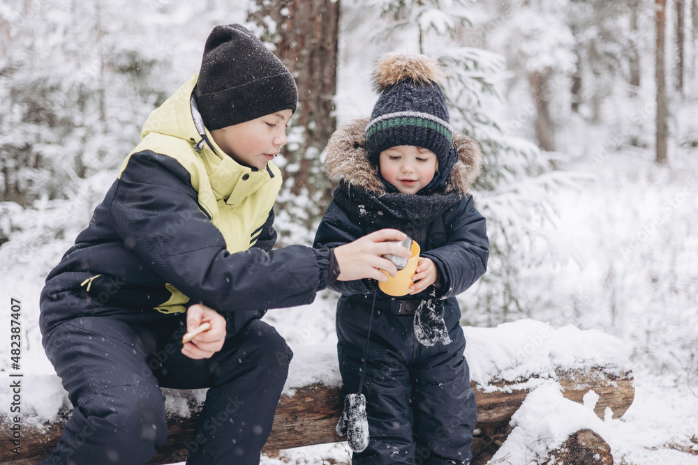 Happy teenage boy and todler drinking tea from thermos and talking sitting together on log in winter snowy forest. Hot beverage in cold weather. Children having picnic in winter season outdoors