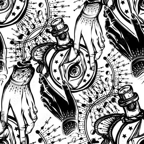 Vector illustration, magic crystals in bottle, spirituality and occultism, Handmade, print, light  background, seamless pattern