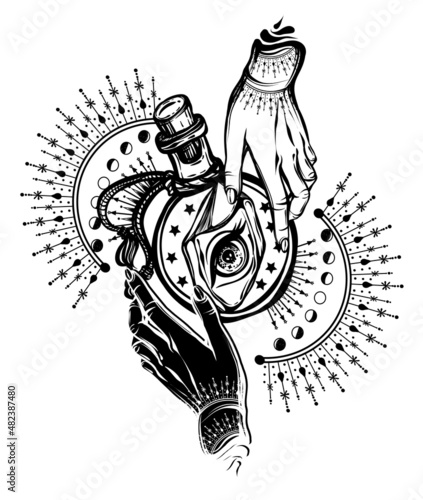 Vector illustration, magic crystals in bottle, spirituality and occultism, Handmade, tattoo, print on t-shirt