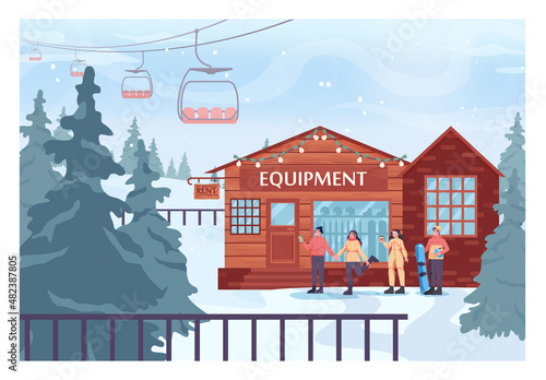 Winter sport activity. Groupe of friends, female and male characters