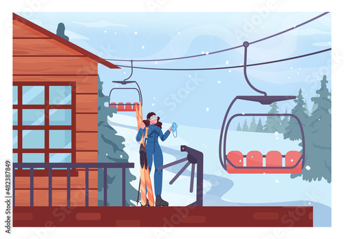 Female character holding a skipass on a ski lift platform. Chairlift lifting