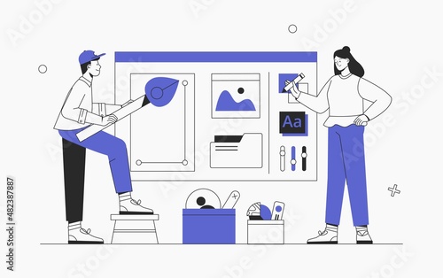 Creative teamwork male and female character designing new products or improving existing ones. Business brainstorming, UI UX design concept of creating an application. Flat style vector illustration.