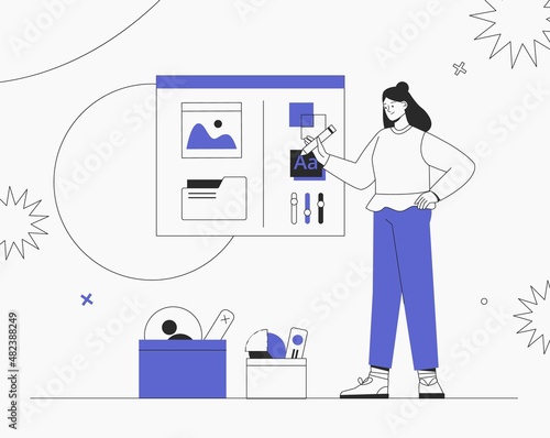 Woman designing new products or improving existing ones. Business brainstorming, UI UX design concept of creating an application. Flat style vector illustration.