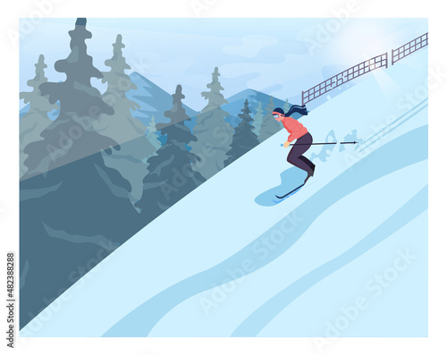 Female character wearing an outerwear skiing. Skiing woman sliding